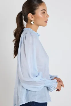 Among the Brave Embrace Ice Blue Ramie Shirred Neck LS Top