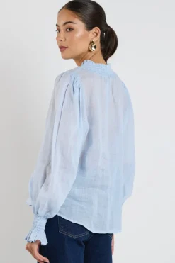 Among the Brave Embrace Ice Blue Ramie Shirred Neck LS Top