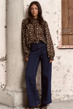 Among the Brave Embrace Leopard Georgette High Neck LS Top