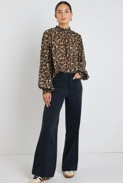 Among the Brave Embrace Leopard Georgette High Neck LS Top