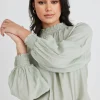Among the Brave Embrace Sage Crinkle LS High Neck Shirred Puff Sleeve Top