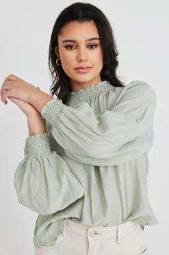 Among the Brave Embrace Sage Crinkle LS High Neck Shirred Puff Sleeve Top