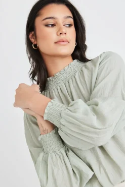 Among the Brave Embrace Sage Crinkle LS High Neck Shirred Puff Sleeve Top