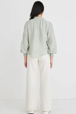 Among the Brave Embrace Sage Crinkle LS High Neck Shirred Puff Sleeve Top