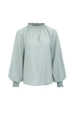 Among the Brave Embrace Sage Crinkle LS High Neck Shirred Puff Sleeve Top