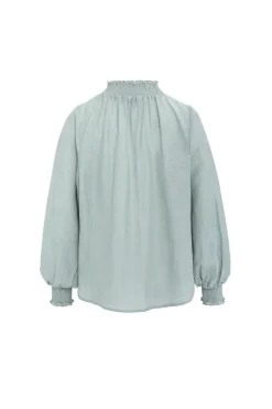 Among the Brave Embrace Sage Crinkle LS High Neck Shirred Puff Sleeve Top