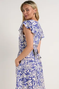 Among the Brave Emphasis Blue Shadow Floral Flutter Sleeve Wrap Midi Dress