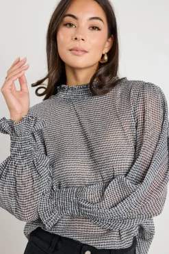 Ivy + Jack Emphatic Black Gingham Shirred Neck Ls Top
