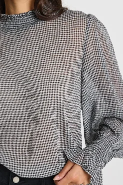 Ivy + Jack Emphatic Black Gingham Shirred Neck Ls Top