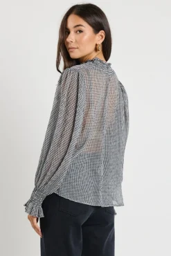 Ivy + Jack Emphatic Black Gingham Shirred Neck Ls Top