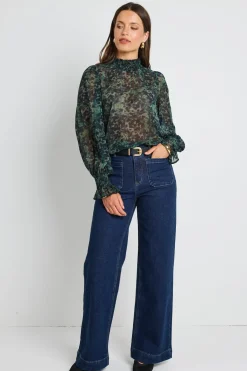 Ivy + Jack Emphatic Khaki Ditsy Print Shirred Neck Ls Top