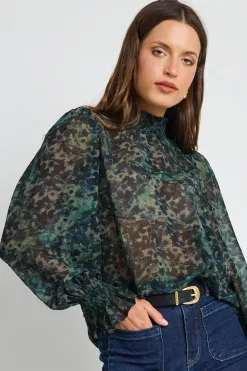 Ivy + Jack Emphatic Khaki Ditsy Print Shirred Neck Ls Top