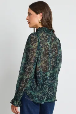 Ivy + Jack Emphatic Khaki Ditsy Print Shirred Neck Ls Top