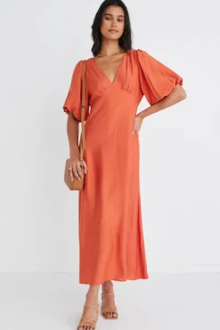 Among the Brave Empire Persimmon Puff Sleeve Midi Dress