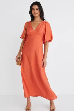 Among the Brave Empire Persimmon Puff Sleeve Midi Dress