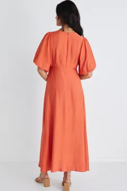 Among the Brave Empire Persimmon Puff Sleeve Midi Dress