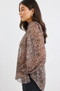 By Rosa. Endless Black Taupe Roses Georgette Blouson Sleeve LS Top