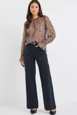 By Rosa. Endless Black Taupe Roses Georgette Blouson Sleeve LS Top