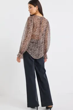 By Rosa. Endless Black Taupe Roses Georgette Blouson Sleeve LS Top
