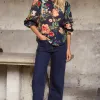 By Rosa. Endless Navy Vibrant Floral Blouson Sleeve LS Top