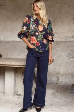 By Rosa. Endless Navy Vibrant Floral Blouson Sleeve LS Top