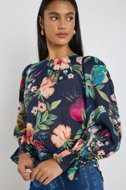 By Rosa. Endless Navy Vibrant Floral Blouson Sleeve LS Top