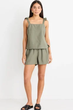 Love Lulu Enriched Khaki Linen Blend Straight Cami