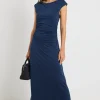 Stories be Told Equator Navy Jersey Rouched Midi Dress