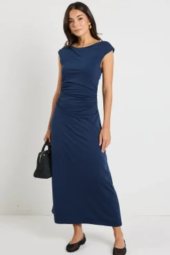 Stories be Told Equator Navy Jersey Rouched Midi Dress