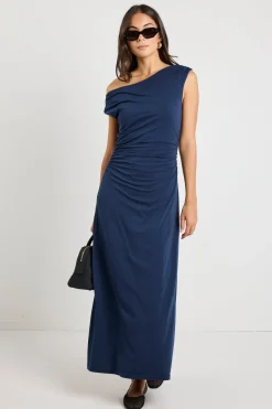 Stories be Told Equator Navy Jersey Rouched Midi Dress