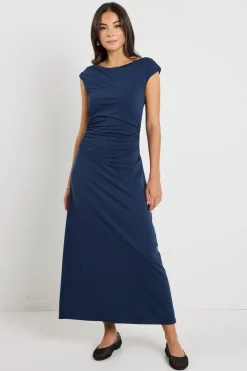 Stories be Told Equator Navy Jersey Rouched Midi Dress