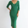 Among the Brave Equinox Kelly Green Half Sleeve V Neck Tie Back Rib Knit Midi Dress