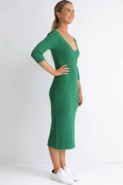 Among the Brave Equinox Kelly Green Half Sleeve V Neck Tie Back Rib Knit Midi Dress