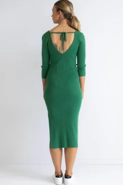 Among the Brave Equinox Kelly Green Half Sleeve V Neck Tie Back Rib Knit Midi Dress