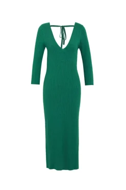 Among the Brave Equinox Kelly Green Half Sleeve V Neck Tie Back Rib Knit Midi Dress