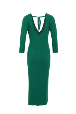 Among the Brave Equinox Kelly Green Half Sleeve V Neck Tie Back Rib Knit Midi Dress