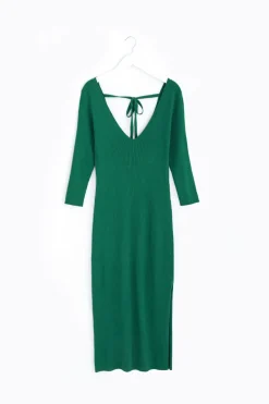 Among the Brave Equinox Kelly Green Half Sleeve V Neck Tie Back Rib Knit Midi Dress