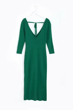 Among the Brave Equinox Kelly Green Half Sleeve V Neck Tie Back Rib Knit Midi Dress