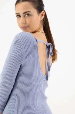 Among the Brave Equinox Sky Blue Half Sleeve V Neck Tie Back Rib Knit Midi Dress