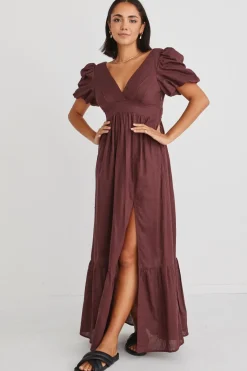Ivy + Jack Ever After Raisin Linen Puff Sleeve Maxi Dress
