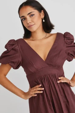 Ivy + Jack Ever After Raisin Linen Puff Sleeve Maxi Dress