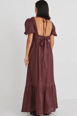 Ivy + Jack Ever After Raisin Linen Puff Sleeve Maxi Dress