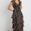By Rosa. Everly Black Posy Floral Flutter Sleeve Tiered Maxi Dress