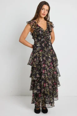 By Rosa. Everly Black Posy Floral Flutter Sleeve Tiered Maxi Dress