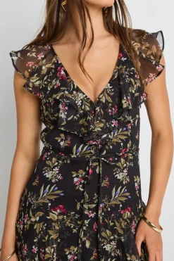 By Rosa. Everly Black Posy Floral Flutter Sleeve Tiered Maxi Dress