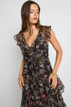 By Rosa. Everly Black Posy Floral Flutter Sleeve Tiered Maxi Dress