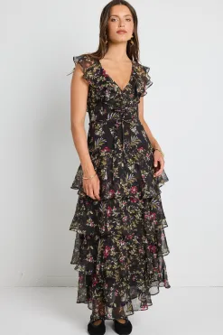 By Rosa. Everly Black Posy Floral Flutter Sleeve Tiered Maxi Dress