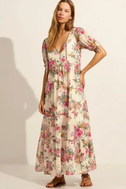 Auguste The Label Evie Off White Floral Puff Sleeve Midi Dress