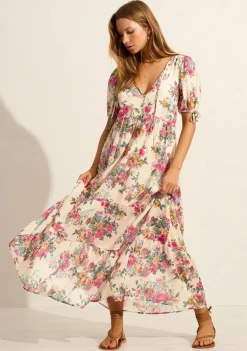 Auguste The Label Evie Off White Floral Puff Sleeve Midi Dress