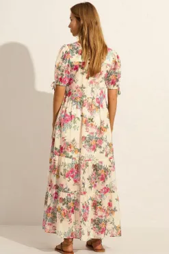 Auguste The Label Evie Off White Floral Puff Sleeve Midi Dress